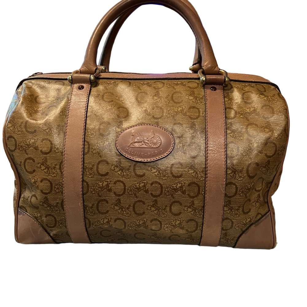 CELINE Tan Boston style Satchel Vintage Monogrammed Leather Accent